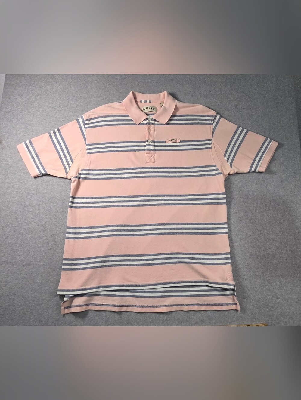 vintage Orvis horizontal striped polo shirt, pastel pink base Size XL